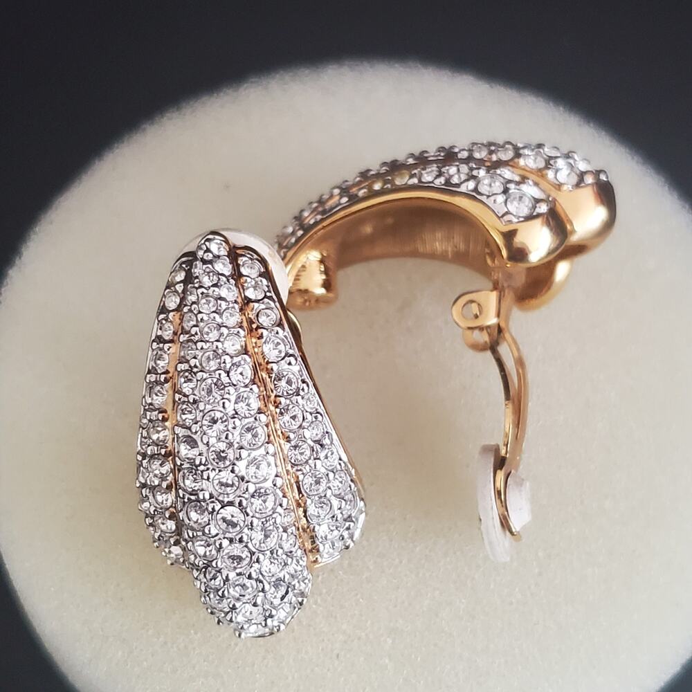 VTG Swarovski Large Earrings Clip On Pave Crystals Gold Plated 80's Swan Signed - Picture 4 of 8